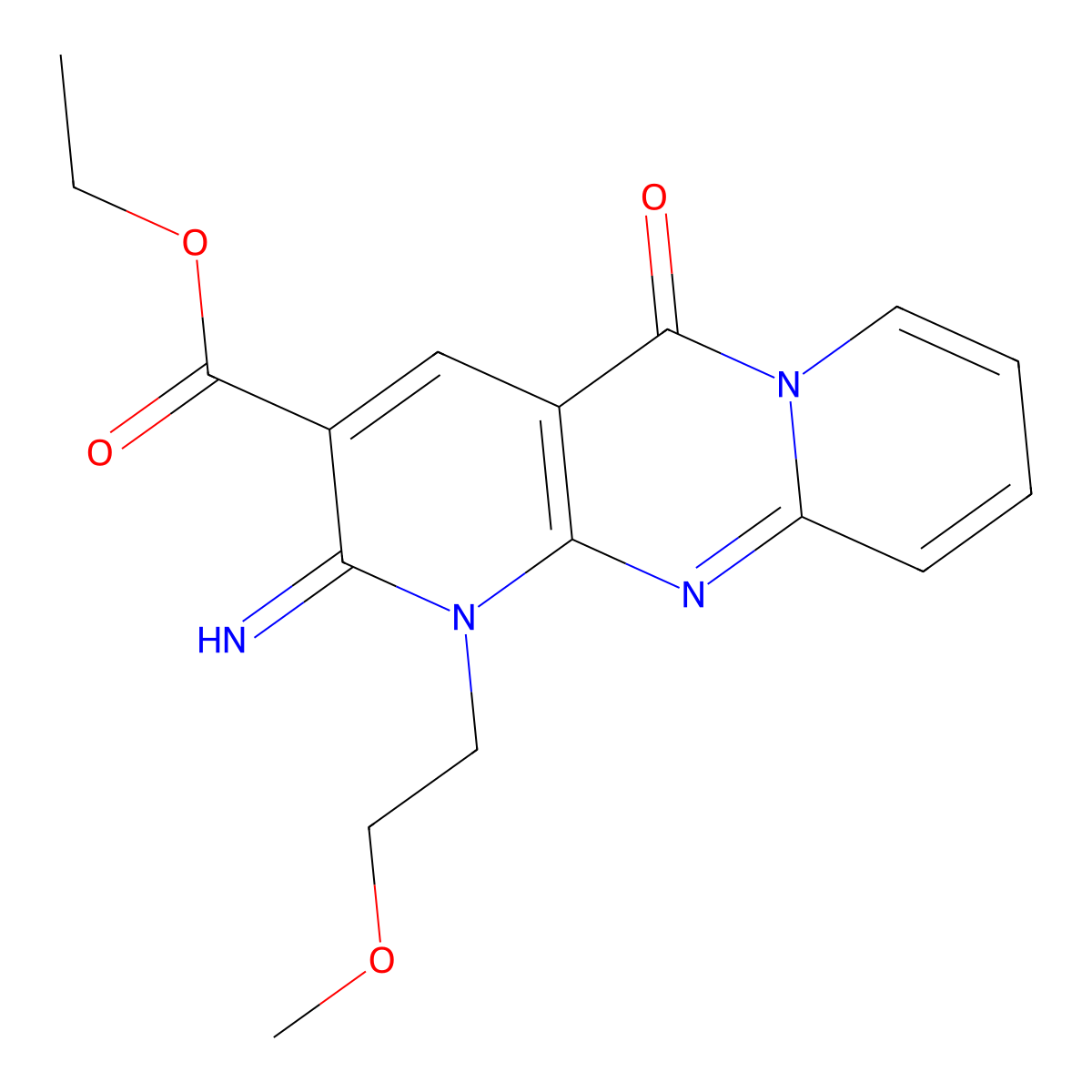 Ethyl 2-imino-1-(2-methoxyethyl)-5-oxo-1,5-dihydro-2H-dipyrido[1,2-A:2,3-D]pyrimidine-3-carboxylate molecular structure, CAS 371209-38-0