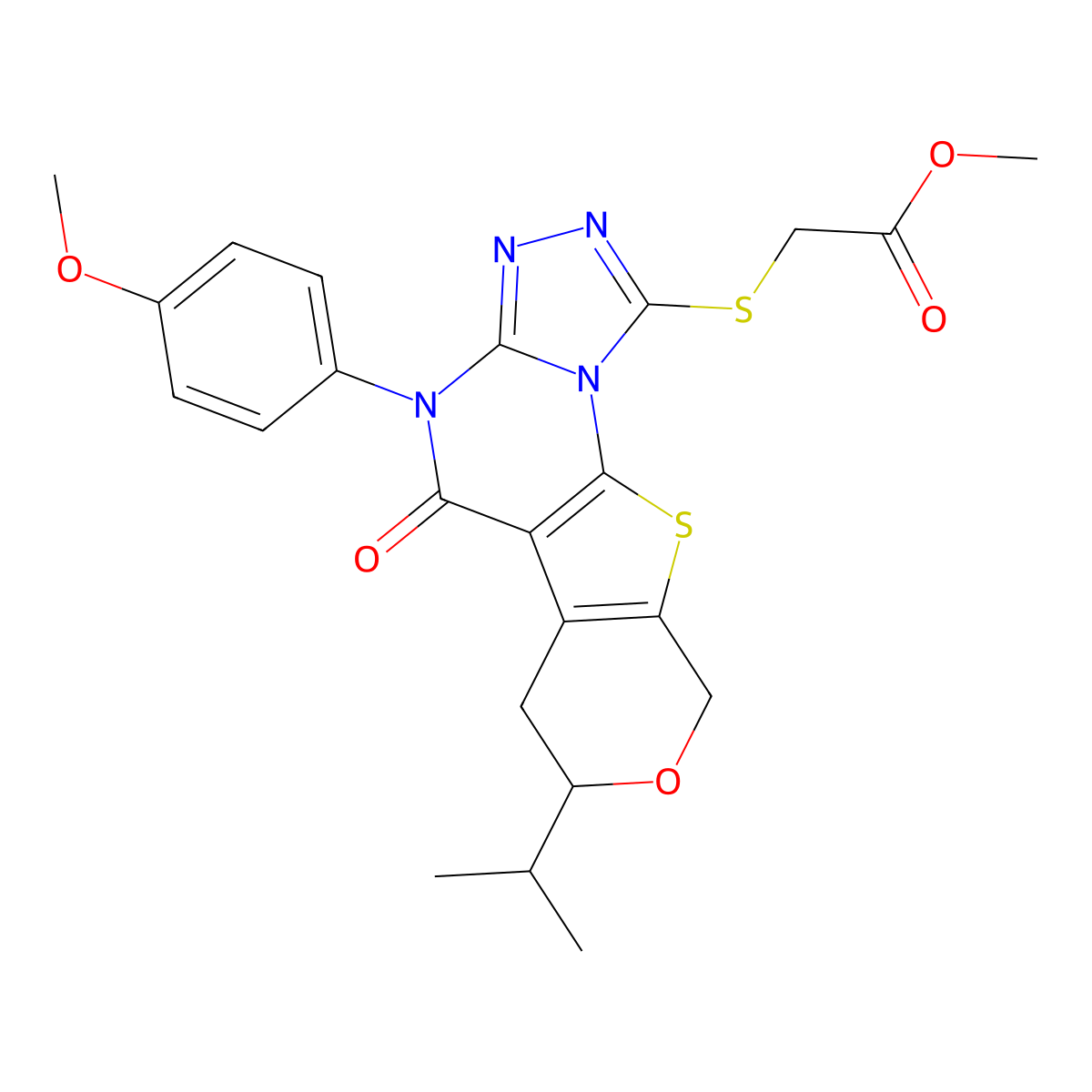 methyl 2-((7-isopropyl-4-(4-methoxyphenyl)-5-oxo-5,6,7,9-tetrahydro-4H-pyrano[4',3':4,5]thieno[3,2-e][1,2,4]triazolo[4,3-a]pyrimidin-1-yl)thio)acetate molecular structure, CAS 371209-95-9