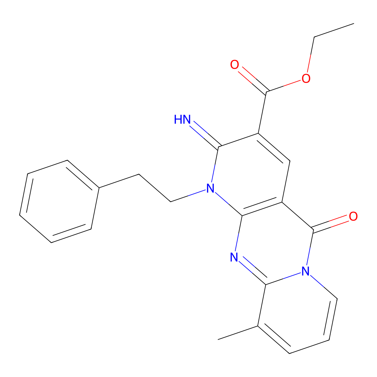 ethyl 2-imino-10-methyl-5-oxo-1-(2-phenylethyl)-1,5-dihydro-2H-dipyrido[1,2-a:2',3'-d]pyrimidine-3-carboxylate molecular structure, CAS 371210-12-7