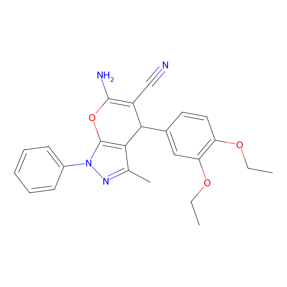 6-Amino-4-(3,4-diethoxyphenyl)-3-methyl-1-phenyl-1,4-dihydropyrano[2,3-c]pyrazole-5-carbonitrile molecular structure, CAS 371210-28-5