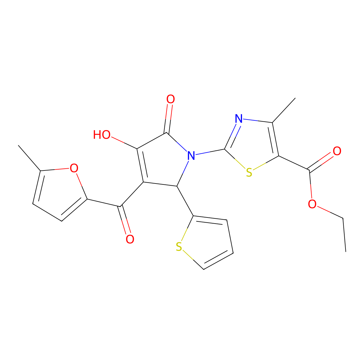 ethyl 2-[(3E)-3-[hydroxy(5-methylfuran-2-yl)methylidene]-4,5-dioxo-2-(thiophen-2-yl)pyrrolidin-1-yl]-4-methyl-1,3-thiazole-5-carboxylate molecular structure, CAS 371210-35-4