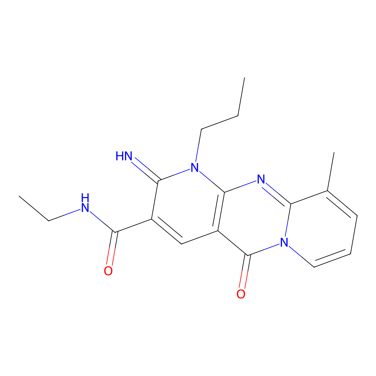 N-Ethyl-2-imino-10-methyl-5-oxo-1-propyl-1,5-dihydro-2H-dipyrido[1,2-A:2,3-D]pyrimidine-3-carboxamide molecular structure, CAS 371210-68-3