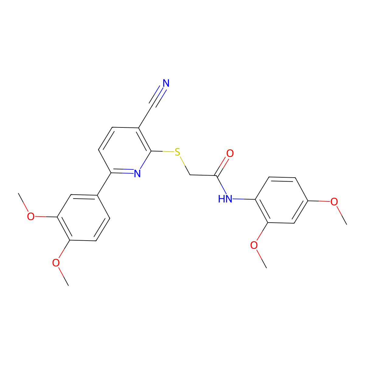 2-[3-cyano-6-(3,4-dimethoxyphenyl)pyridin-2-yl]sulfanyl-N-(2,4-dimethoxyphenyl)acetamide molecular structure, CAS 371211-15-3