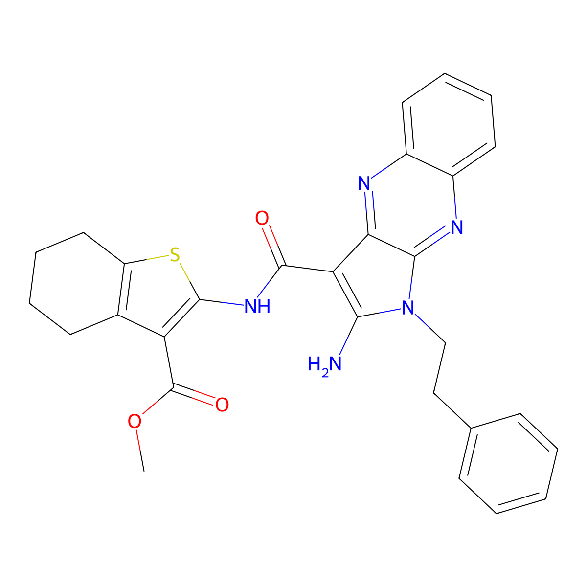 methyl 2-({[2-amino-1-(2-phenylethyl)-1H-pyrrolo[2,3-b]quinoxalin-3-yl]carbonyl}amino)-4,5,6,7-tetrahydro-1-benzothiophene-3-carboxylate molecular structure, CAS 371211-20-0