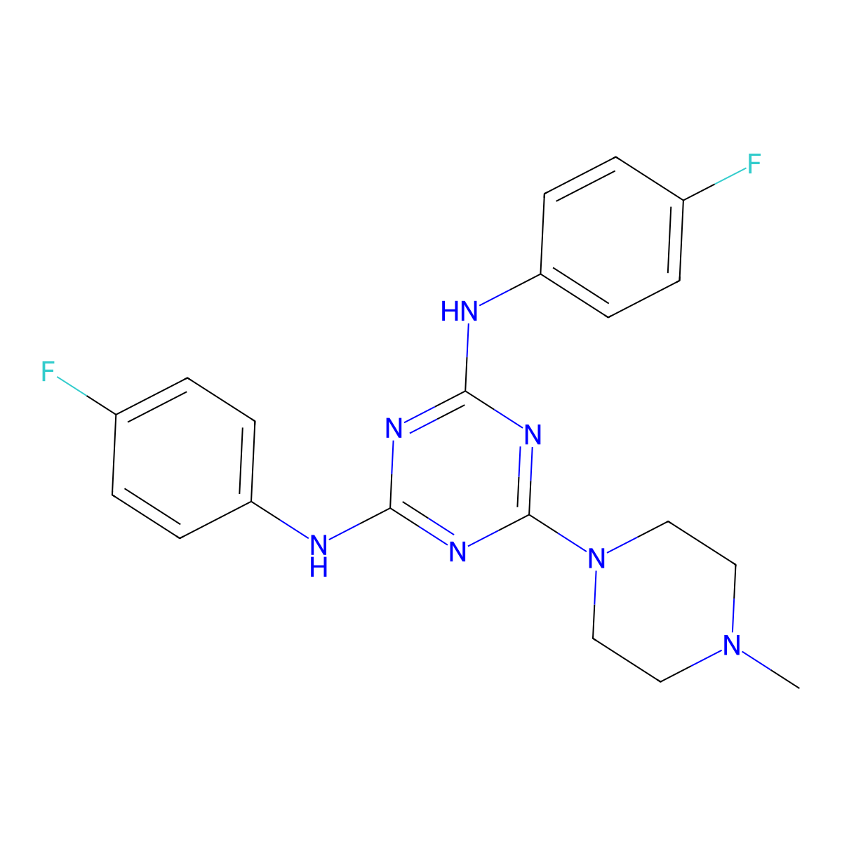 N,N'-bis(4-fluorophenyl)-6-(4-methylpiperazin-1-yl)-1,3,5-triazine-2,4-diamine molecular structure, CAS 371211-33-5