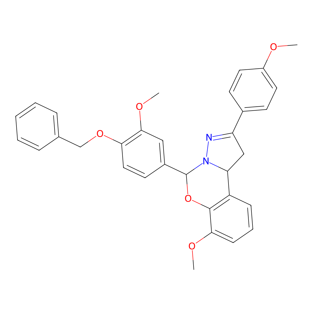 5-[4-(Benzyloxy)-3-methoxyphenyl]-7-methoxy-2-(4-methoxyphenyl)-1,10b-dihydropyrazolo[1,5-c][1,3]benzoxazine molecular structure, CAS 371211-54-0