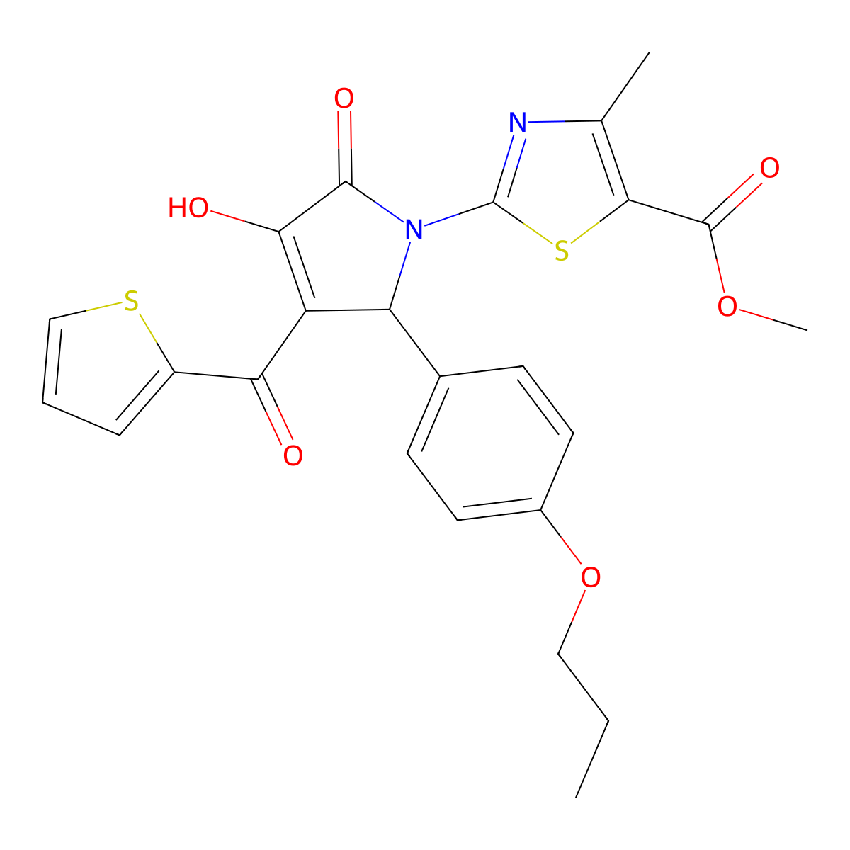 methyl 2-[(3E)-3-[hydroxy(thiophen-2-yl)methylidene]-4,5-dioxo-2-(4-propoxyphenyl)pyrrolidin-1-yl]-4-methyl-1,3-thiazole-5-carboxylate molecular structure, CAS 371211-79-9