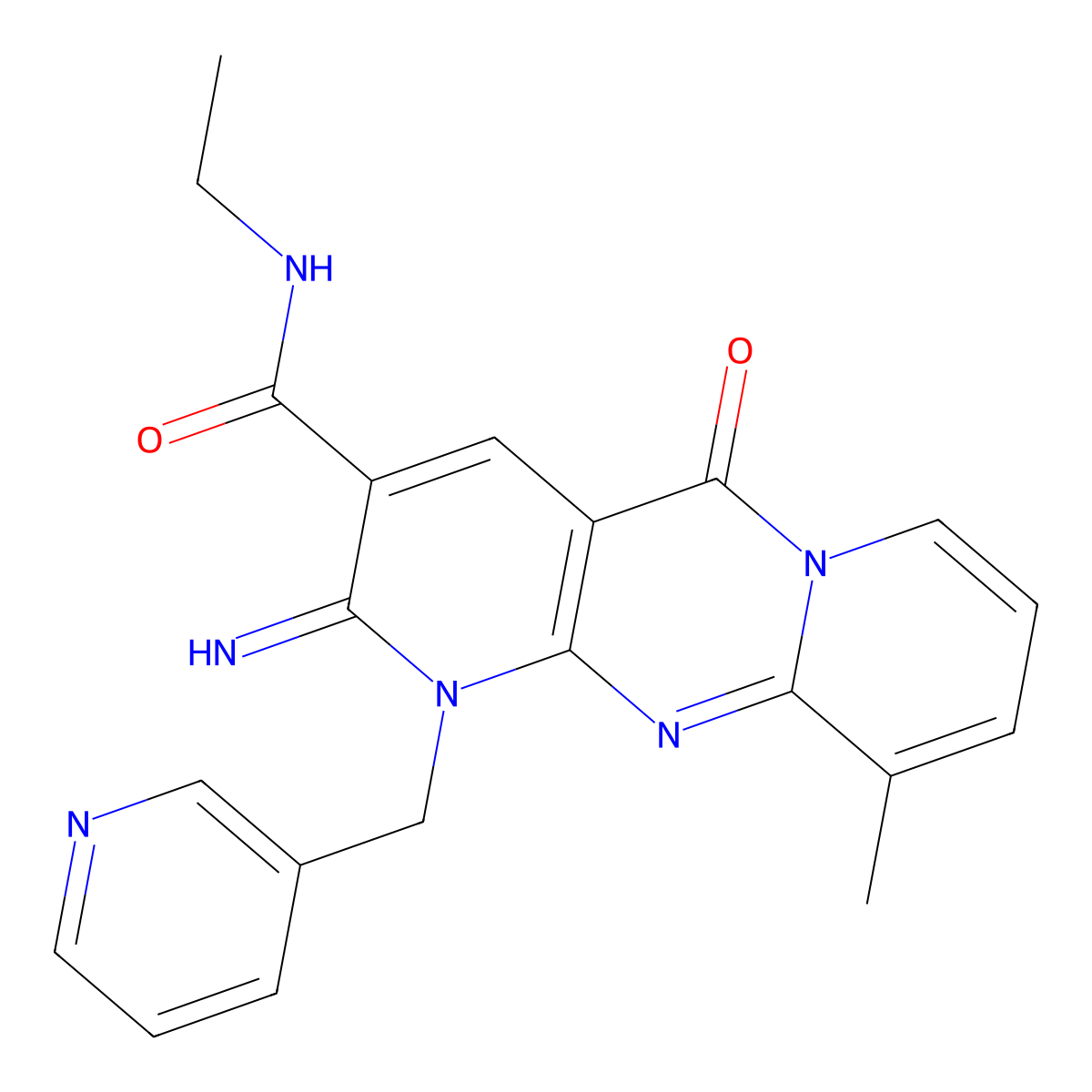 N-Ethyl-2-imino-10-methyl-5-oxo-1-(3-pyridinylmethyl)-1,5-dihydro-2H-dipyrido(1,2-A:2,3-D)pyrimidine-3-carboxamide molecular structure, CAS 371212-12-3
