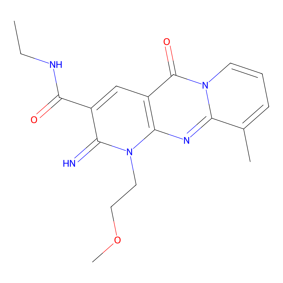 N-Ethyl-2-imino-1-(2-methoxyethyl)-10-methyl-5-oxo-1,5-dihydro-2H-dipyrido[1,2-A:2,3-D]pyrimidine-3-carboxamide molecular structure, CAS 371212-22-5