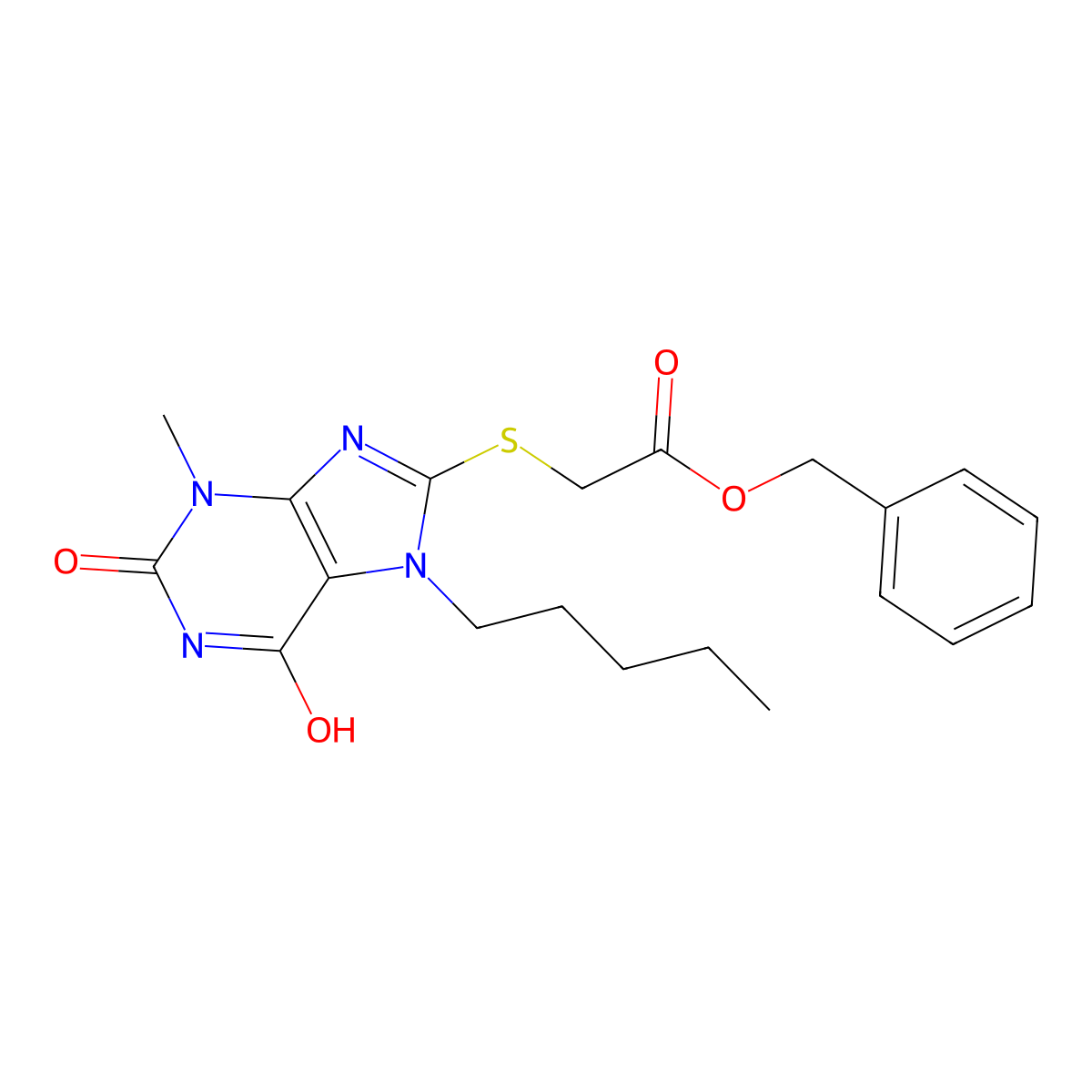 Benzyl 2-(3-methyl-2,6-dioxo-7-pentylpurin-8-yl)sulfanylacetate molecular structure, CAS 371213-24-0