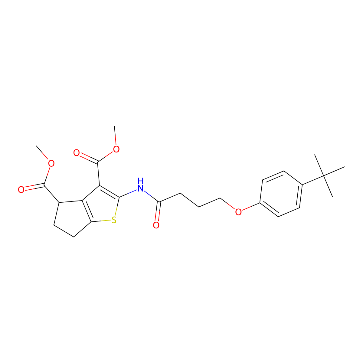 dimethyl 2-{[4-(4-tert-butylphenoxy)butanoyl]amino}-5,6-dihydro-4H-cyclopenta[b]thiophene-3,4-dicarboxylate molecular structure, CAS 371213-59-1