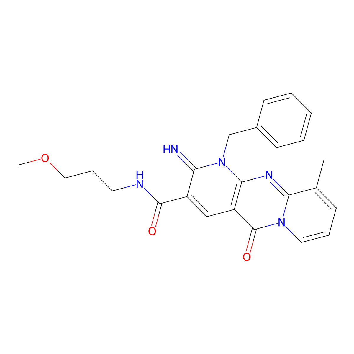 1-Benzyl-2-imino-N-(3-methoxypropyl)-10-methyl-5-oxo-1,5-dihydro-2H-dipyrido[1,2-A:2,3-D]pyrimidine-3-carboxamide molecular structure, CAS 371213-83-1