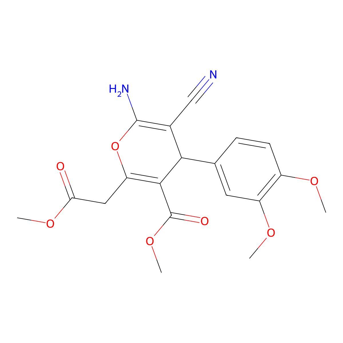 methyl 6-amino-5-cyano-4-(3,4-dimethoxyphenyl)-2-(2-methoxy-2-oxoethyl)-4H-pyran-3-carboxylate molecular structure, CAS 371215-39-3