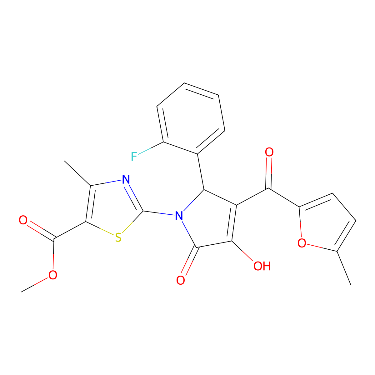 methyl 2-{(3E)-2-(2-fluorophenyl)-3-[hydroxy(5-methylfuran-2-yl)methylidene]-4,5-dioxopyrrolidin-1-yl}-4-methyl-1,3-thiazole-5-carboxylate molecular structure, CAS 371215-57-5