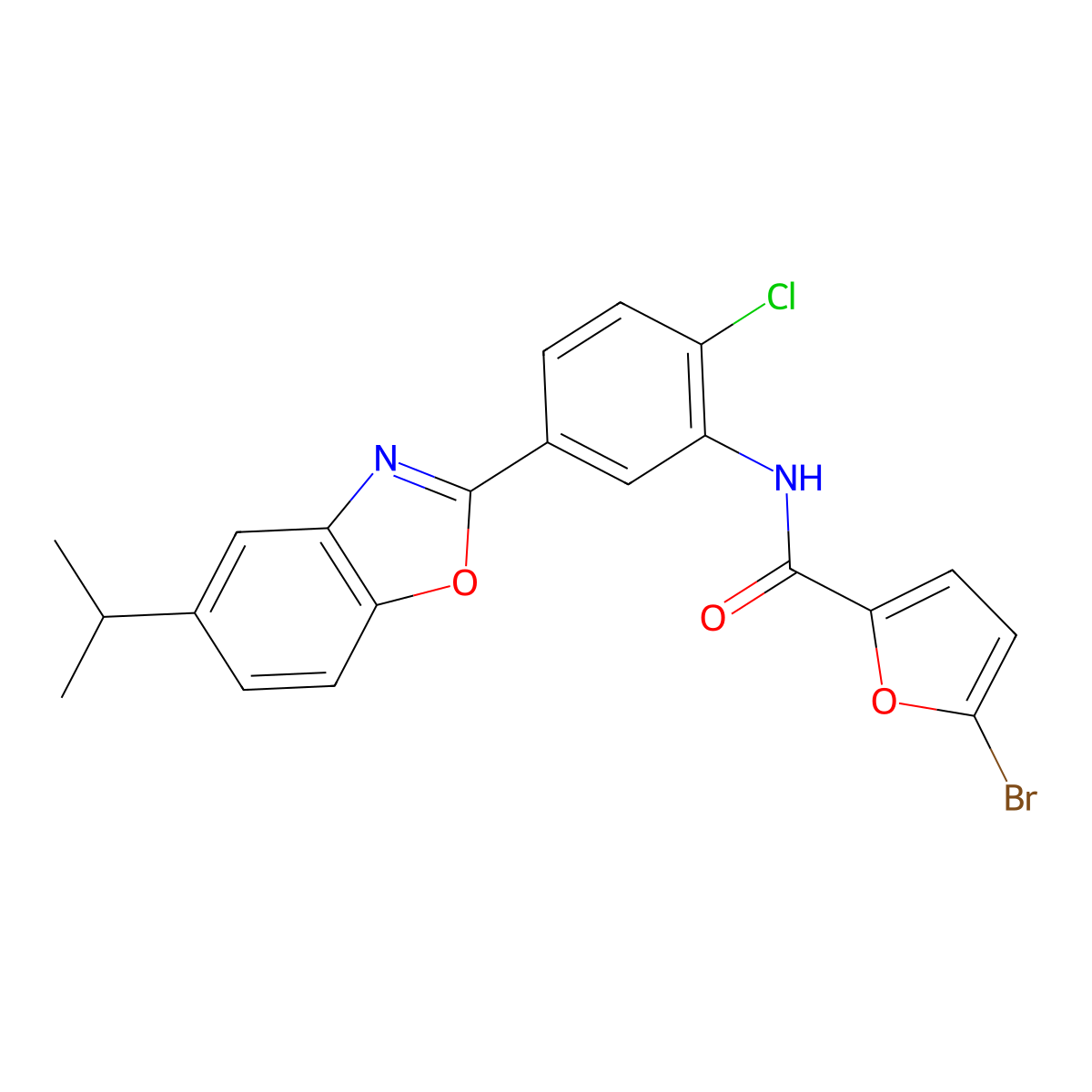 5-bromo-N-[2-chloro-5-(5-propan-2-yl-1,3-benzoxazol-2-yl)phenyl]furan-2-carboxamide molecular structure, CAS 371217-14-0