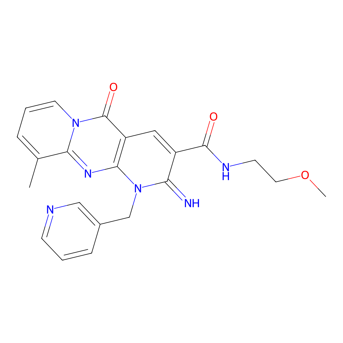2-imino-N-(2-methoxyethyl)-10-methyl-5-oxo-1-(pyridin-3-ylmethyl)-2,5-dihydro-1H-dipyrido[1,2-a:2',3'-d]pyrimidine-3-carboxamide molecular structure, CAS 371217-22-0