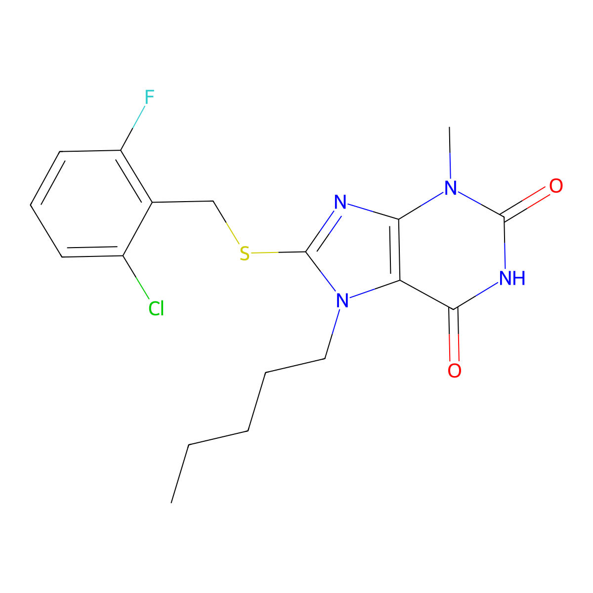 8-((2-chloro-6-fluorobenzyl)thio)-3-methyl-7-pentyl-1H-purine-2,6(3H,7H)-dione molecular structure, CAS 371217-94-6