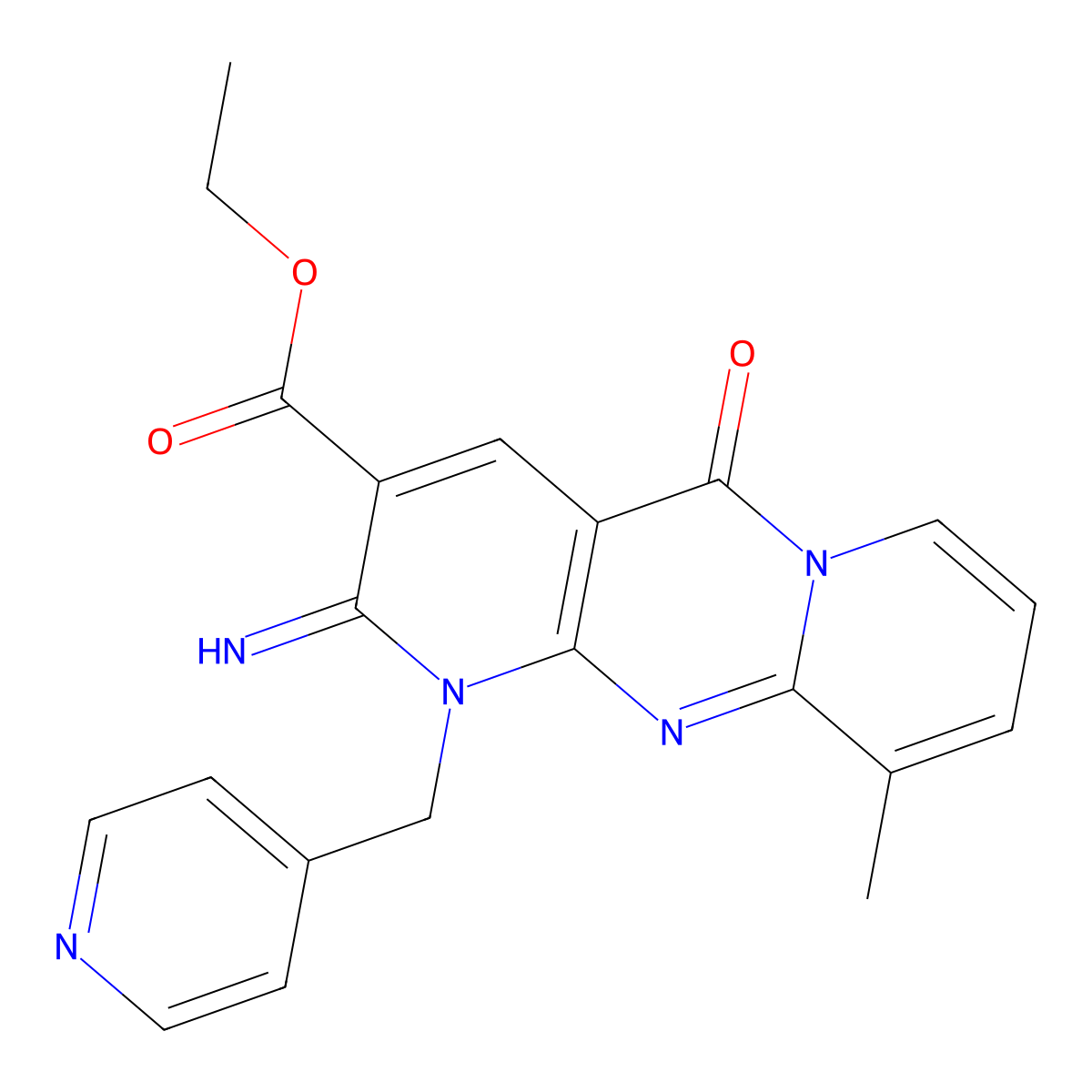 Ethyl 2-imino-10-methyl-5-oxo-1-(4-pyridylmethyl)-1,6-dihydropyridino[2,3-d]py ridino[1,2-a]pyrimidine-3-carboxylate molecular structure, CAS 371218-54-1
