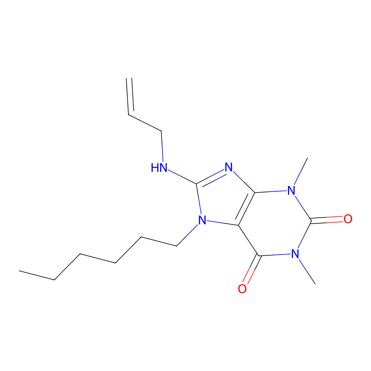 7-Hexyl-1,3-dimethyl-8-(prop-2-enylamino)purine-2,6-dione molecular structure, CAS 371218-78-9