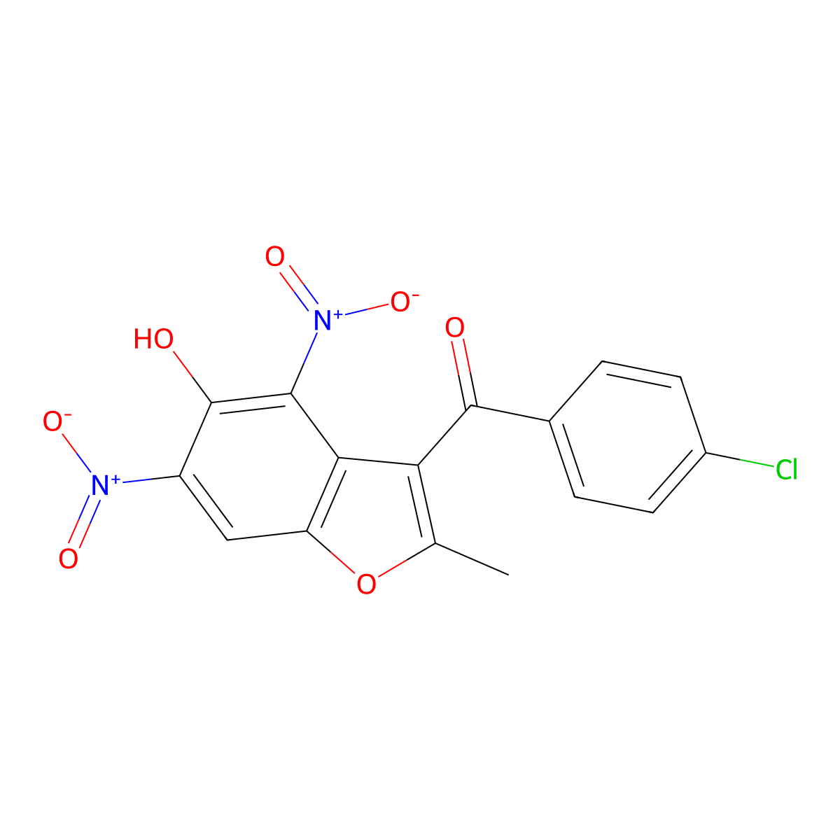 (4-Chlorophenyl)-(5-hydroxy-2-methyl-4,6-dinitro-3-benzofuranyl)methanone molecular structure, CAS 371219-59-9