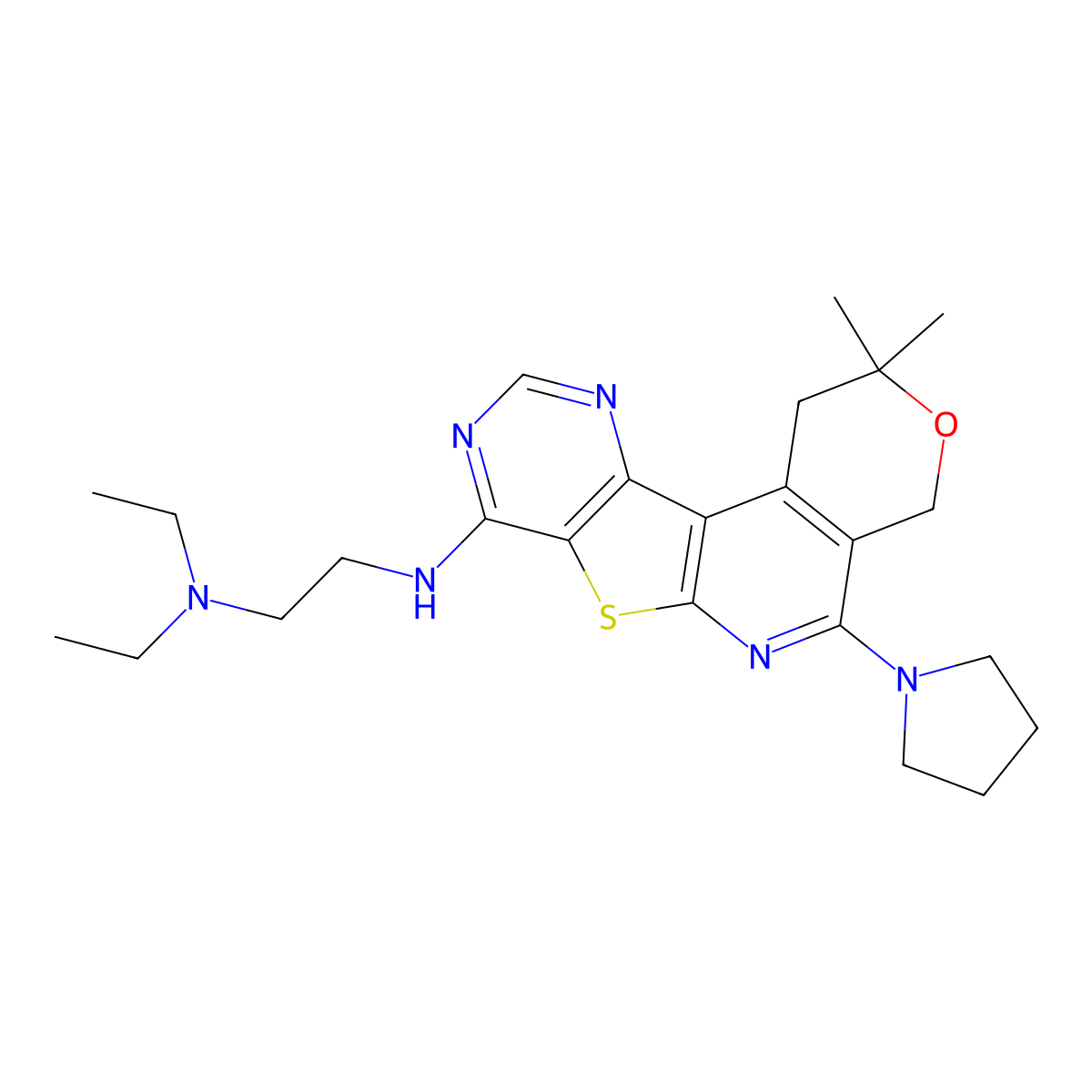 N1-(2,2-dimethyl-5-(pyrrolidin-1-yl)-2,4-dihydro-1H-pyrano[4'',3'':4',5']pyrido[3',2':4,5]thieno[3,2-d]pyrimidin-8-yl)-N2,N2-diethylethane-1,2-diamine molecular structure, CAS 371219-71-5