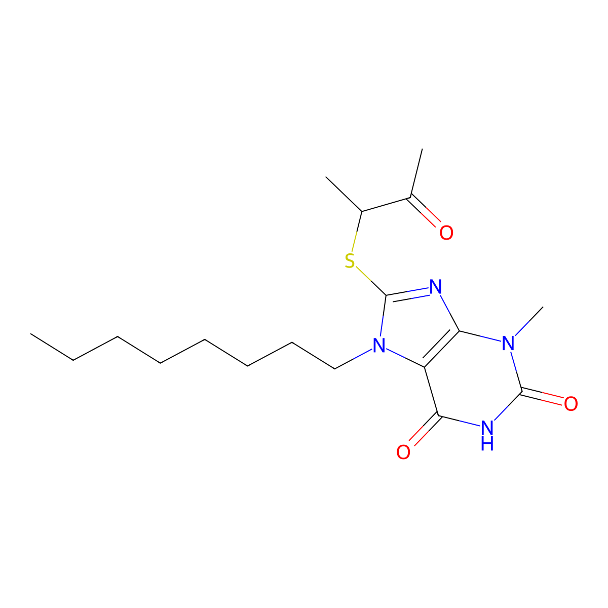 3-methyl-7-octyl-8-((3-oxobutan-2-yl)thio)-1H-purine-2,6(3H,7H)-dione molecular structure, CAS 371220-02-9