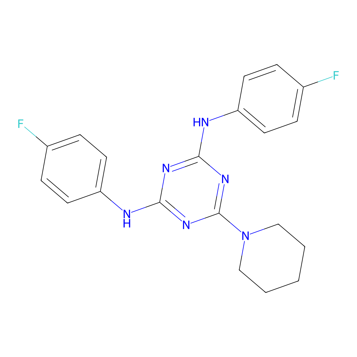 N,N'-bis(4-fluorophenyl)-6-(piperidin-1-yl)-1,3,5-triazine-2,4-diamine molecular structure, CAS 371220-19-8