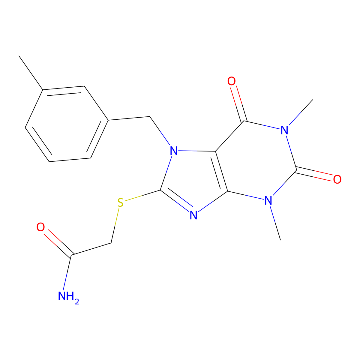 2-{[1,3-dimethyl-7-(3-methylbenzyl)-2,6-dioxo-2,3,6,7-tetrahydro-1H-purin-8-yl]sulfanyl}acetamide molecular structure, CAS 371220-84-7