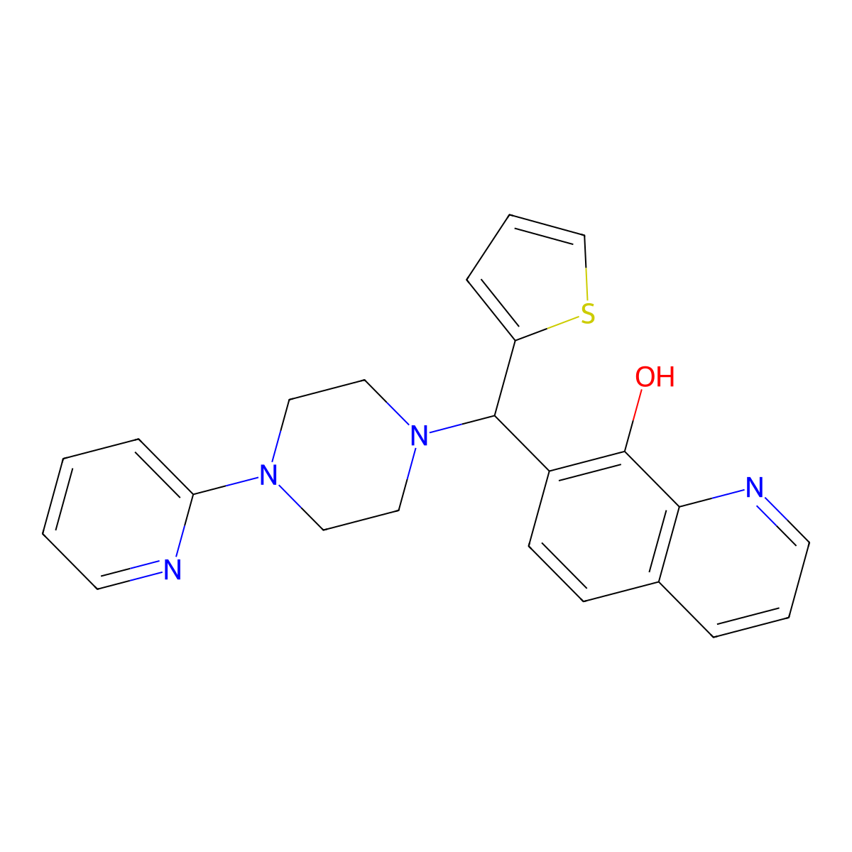 7-((4-(Pyridin-2-yl)piperazin-1-yl)(thiophen-2-yl)methyl)quinolin-8-ol molecular structure, CAS 371220-90-5
