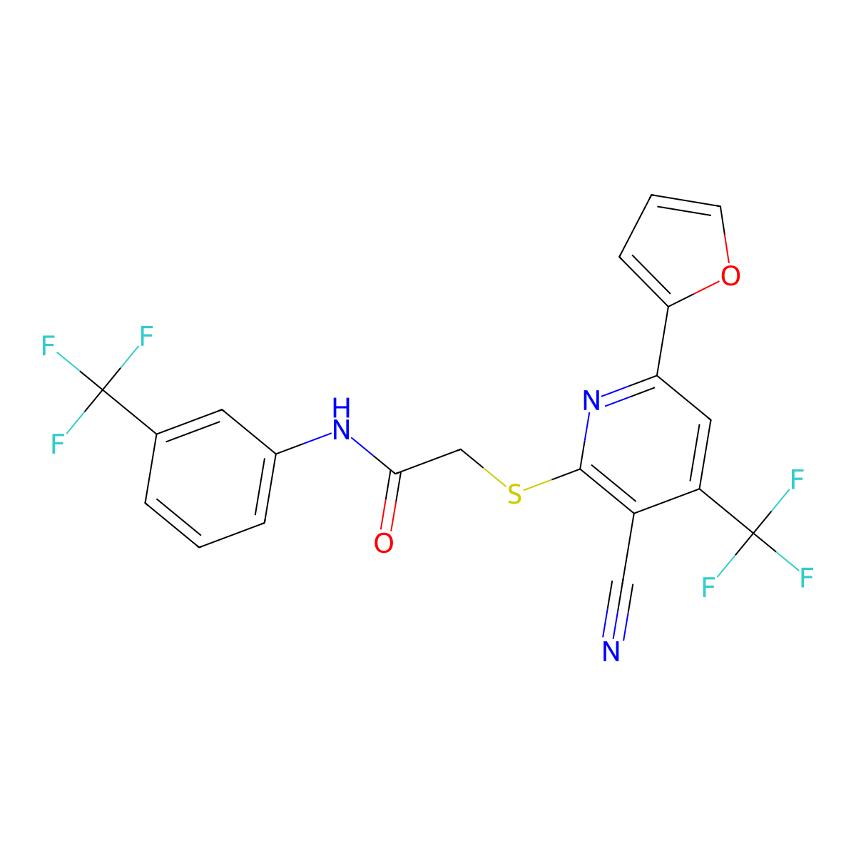 2-{[3-cyano-6-(furan-2-yl)-4-(trifluoromethyl)pyridin-2-yl]sulfanyl}-N-[3-(trifluoromethyl)phenyl]acetamide molecular structure, CAS 371221-14-6