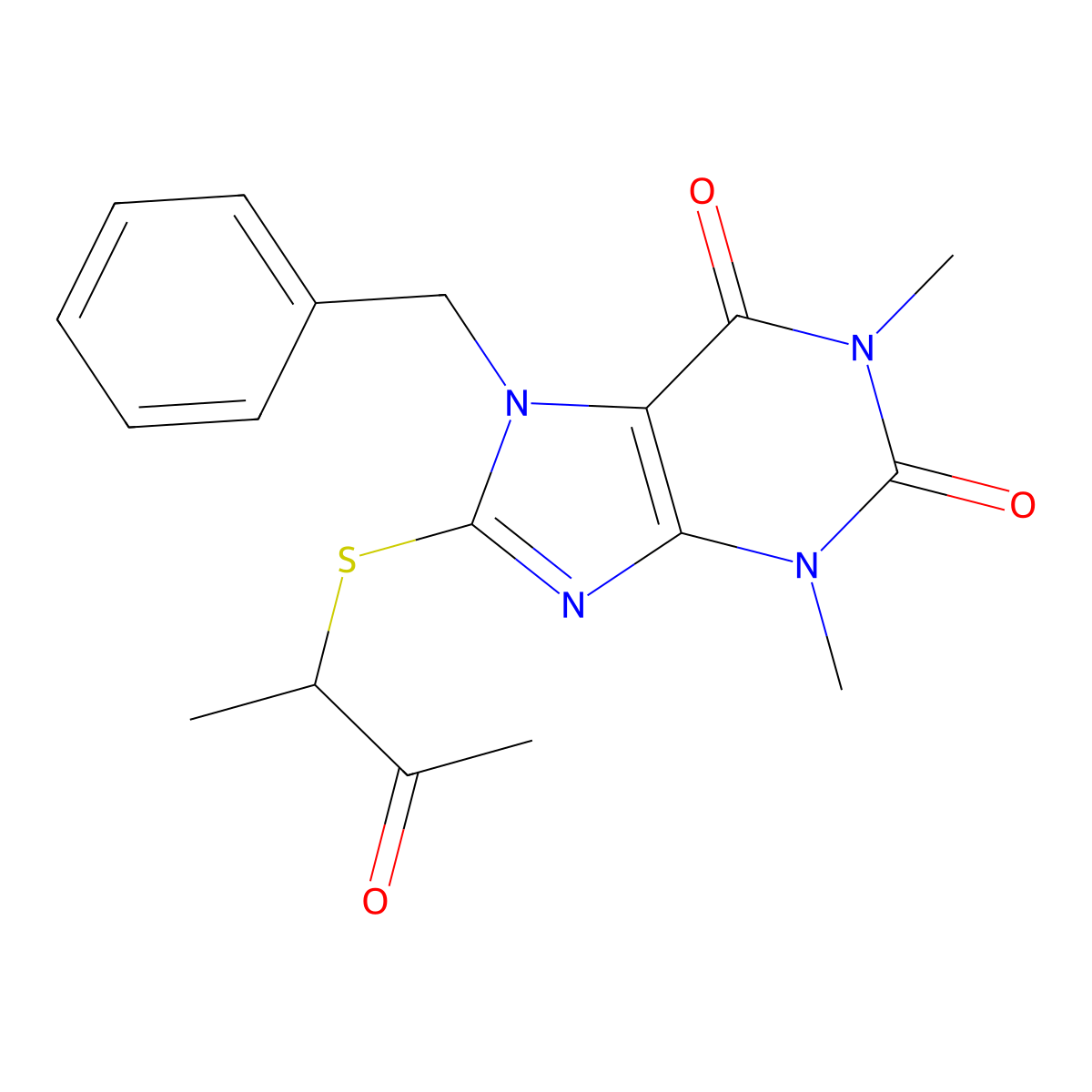 7-benzyl-1,3-dimethyl-8-[(1-methyl-2-oxopropyl)thio]-3,7-dihydro-1H-purine-2,6-dione molecular structure, CAS 371221-31-7