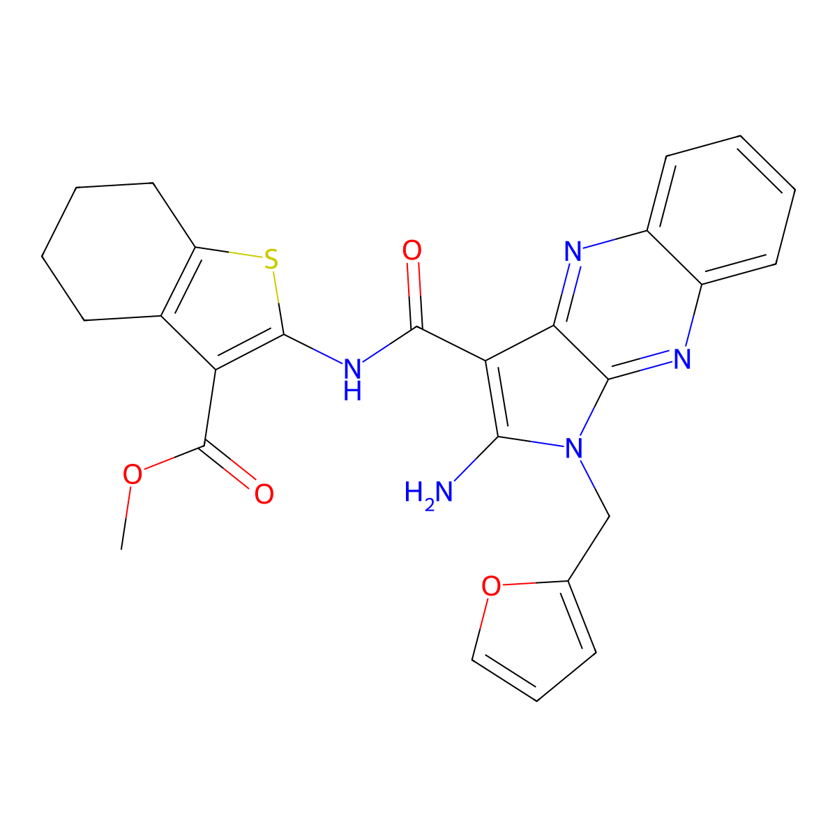methyl 2-({[2-amino-1-(furan-2-ylmethyl)-1H-pyrrolo[2,3-b]quinoxalin-3-yl]carbonyl}amino)-4,5,6,7-tetrahydro-1-benzothiophene-3-carboxylate molecular structure, CAS 371221-73-7