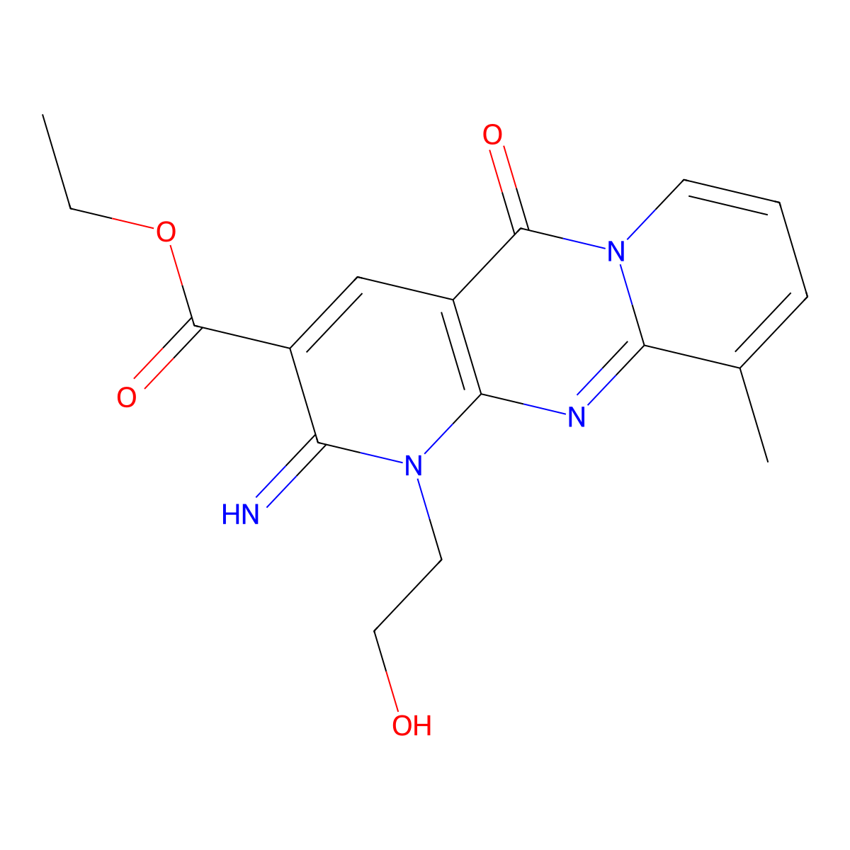 ethyl 1-(2-hydroxyethyl)-2-imino-10-methyl-5-oxo-1,5-dihydro-2H-dipyrido[1,2-a:2',3'-d]pyrimidine-3-carboxylate molecular structure, CAS 371222-41-2