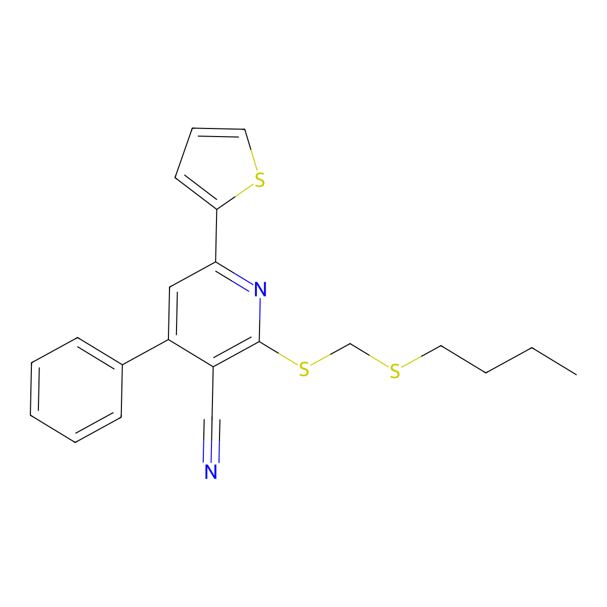 2-{[(Butylsulfanyl)methyl]sulfanyl}-4-phenyl-6-(thiophen-2-yl)pyridine-3-carbonitrile molecular structure, CAS 371222-47-8