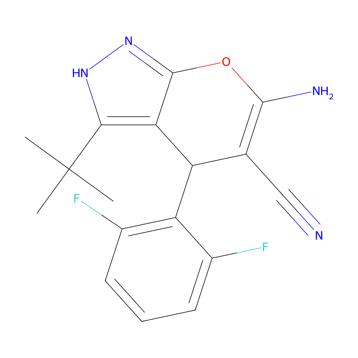 6-Amino-3-tert-butyl-4-(2,6-difluorophenyl)-2,4-dihydropyrano[2,3-c]pyrazole-5-carbonitrile molecular structure, CAS 371222-98-9