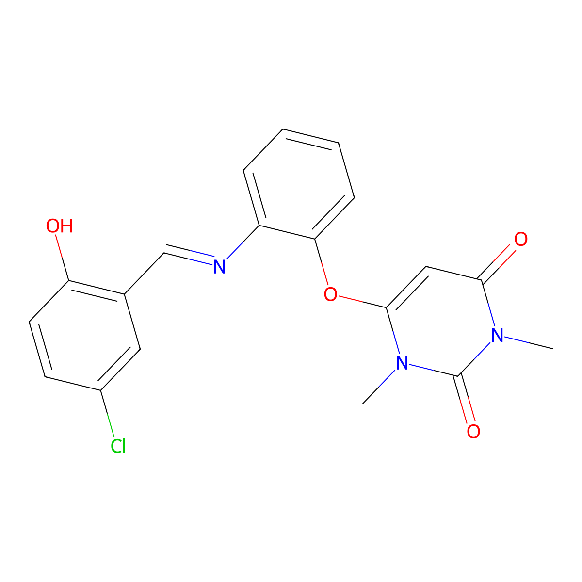 6-{2-[(5-chloro-2-hydroxybenzylidene)amino]phenoxy}-1,3-dimethyl-2,4(1H,3H)-pyrimidinedione molecular structure, CAS 371223-61-9