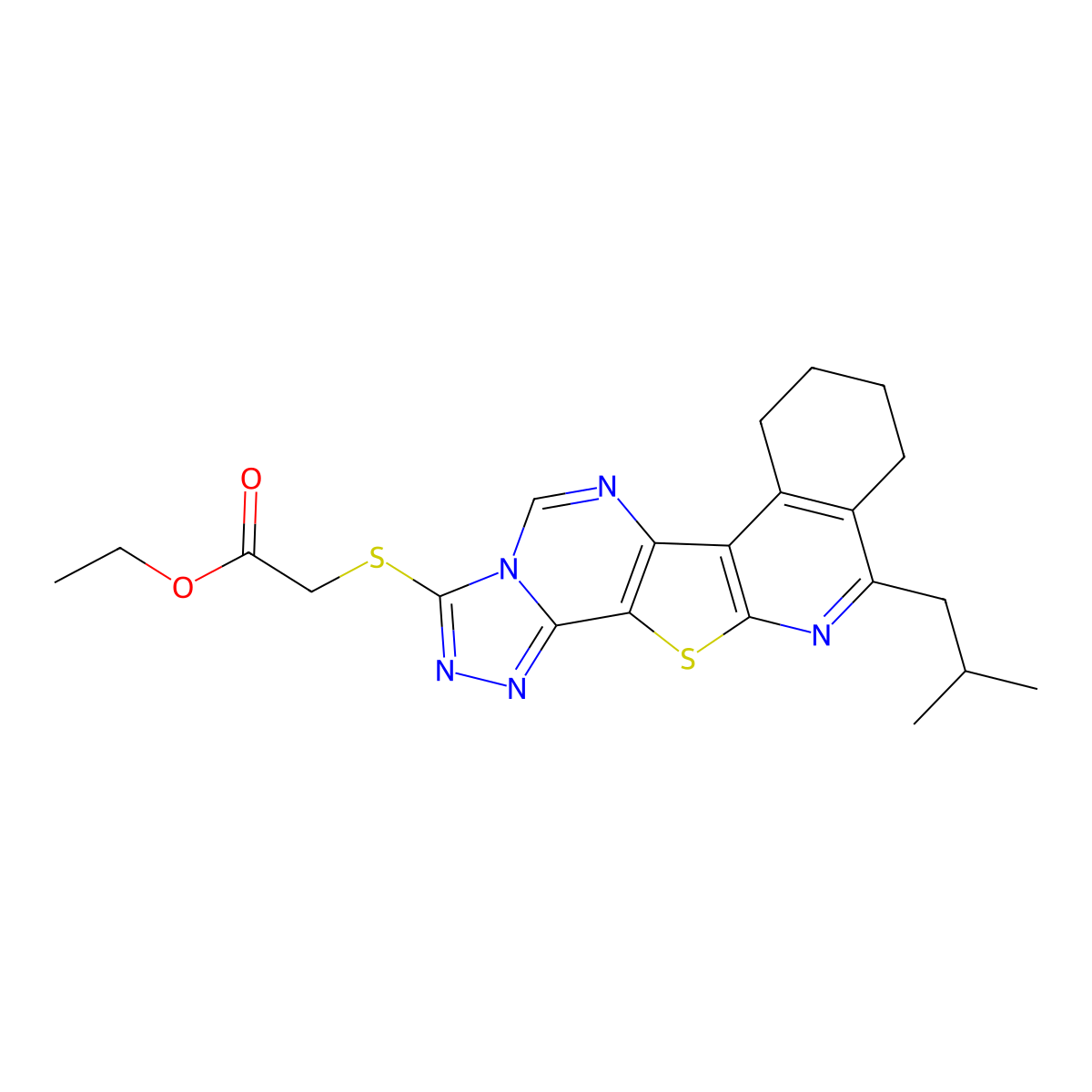 Ethyl 2-((7,8,9,10-tetrahydro-11-(2-methylpropyl)-1,2,4-triazolo(4'',3'':1',6')pyrimido(4',5':4,5)thieno(2,3-c)isoquinolin-3-yl)thio)acetate molecular structure, CAS 371223-64-2