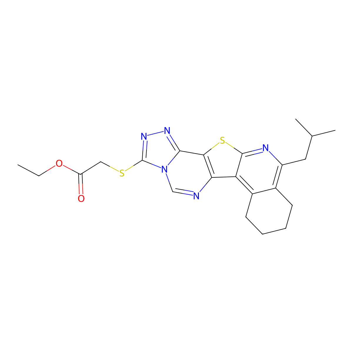 Ethyl 2-((7,8,9,10-tetrahydro-11-(2-methylpropyl)-1,2,4-triazolo(4'',3'':1',6')pyrimido(4',5':4,5)thieno(2,3-c)isoquinolin-3-yl)thio)acetate molecular structure, CAS 371223-64-2