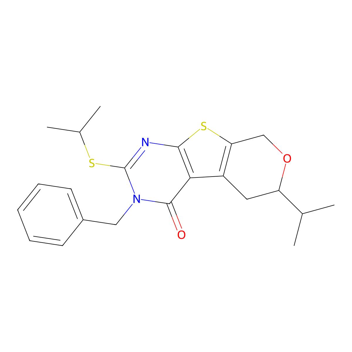 3-benzyl-6-propan-2-yl-2-propan-2-ylsulfanyl-6,8-dihydro-5H-pyrano[2,3]thieno[2,4-b]pyrimidin-4-one molecular structure, CAS 371225-50-2
