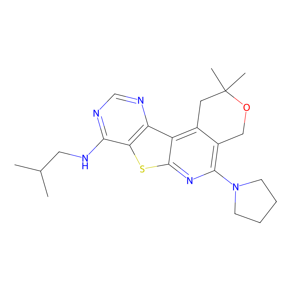 N-isobutyl-2,2-dimethyl-5-(pyrrolidin-1-yl)-2,4-dihydro-1H-pyrano[4'',3'':4',5']pyrido[3',2':4,5]thieno[3,2-d]pyrimidin-8-amine molecular structure, CAS 371225-65-9