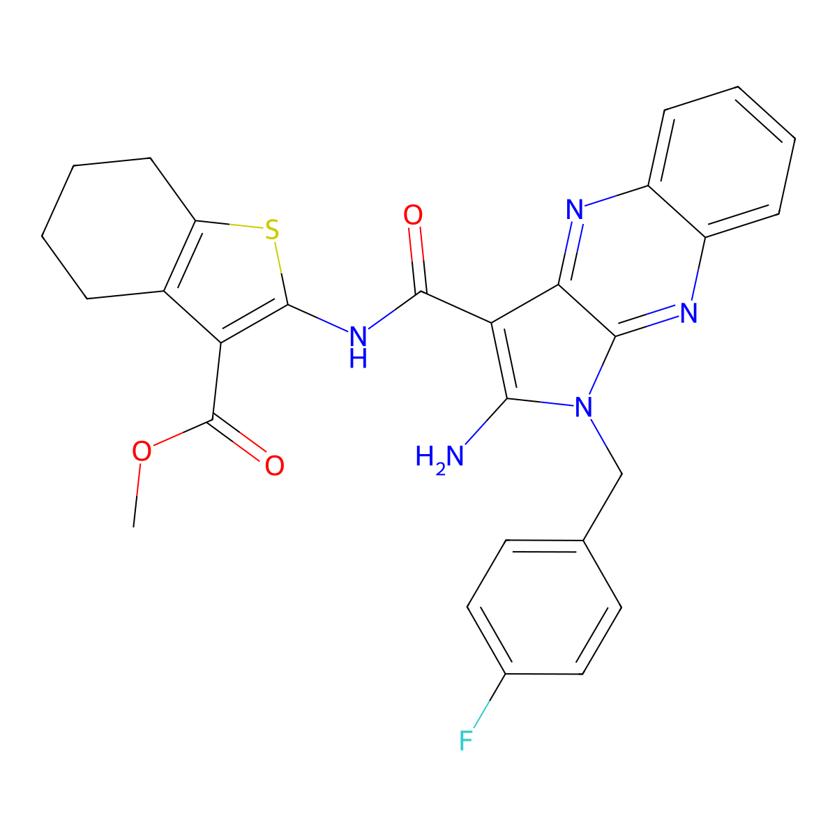 methyl 2-({[2-amino-1-(4-fluorobenzyl)-1H-pyrrolo[2,3-b]quinoxalin-3-yl]carbonyl}amino)-4,5,6,7-tetrahydro-1-benzothiophene-3-carboxylate molecular structure, CAS 371225-79-5