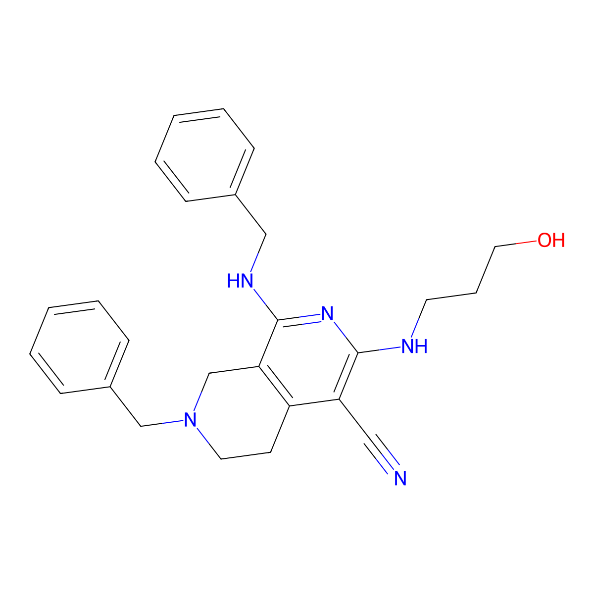 7-benzyl-1-(benzylamino)-3-(3-hydroxypropylamino)-6,8-dihydro-5H-2,7-naphthyridine-4-carbonitrile molecular structure, CAS 371227-73-5