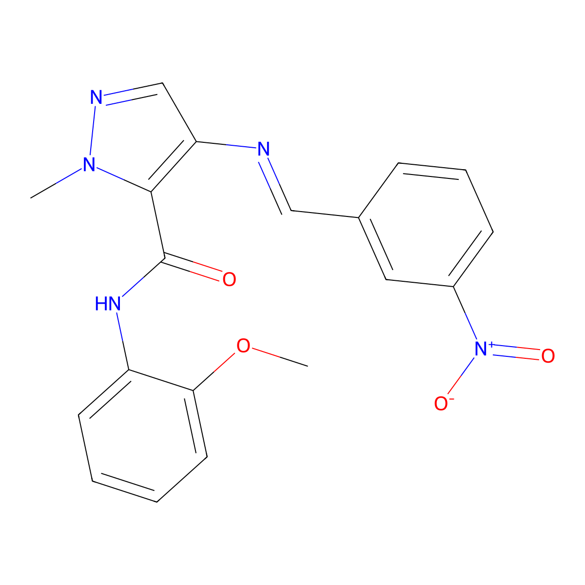 N-(2-methoxyphenyl)-2-methyl-4-[(3-nitrophenyl)methylideneamino]pyrazole-3-carboxamide molecular structure, CAS 371227-77-9