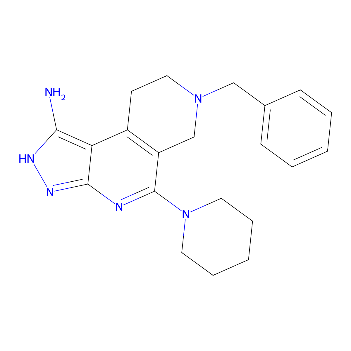 7-benzyl-5-(piperidin-1-yl)-6,7,8,9-tetrahydro-3H-pyrazolo[3,4-c][2,7]naphthyridin-1-amine molecular structure, CAS 371227-84-8