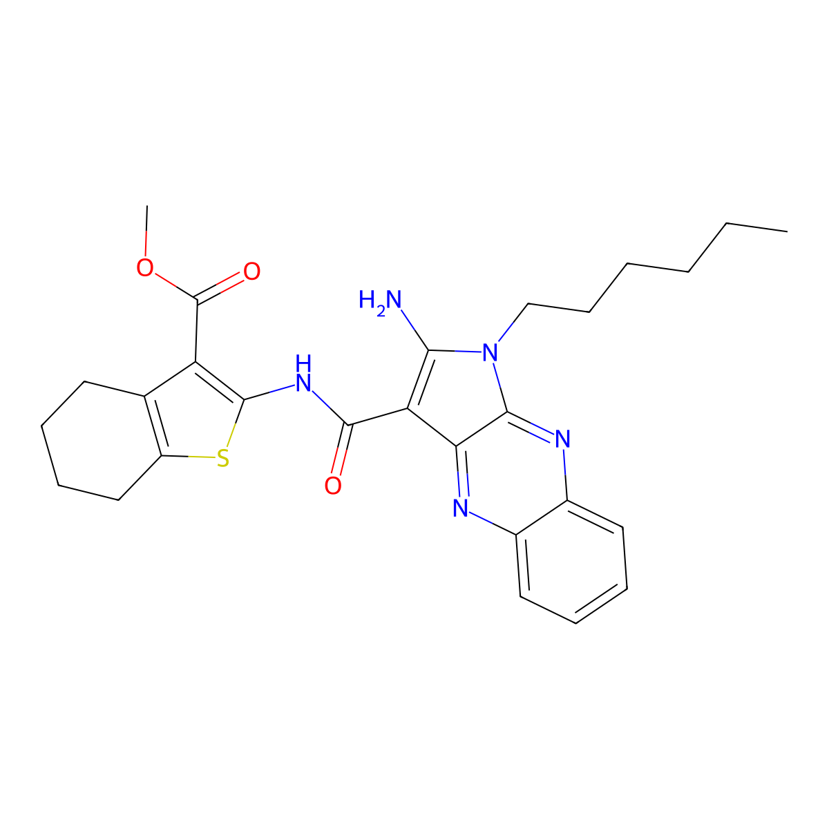 methyl 2-{[(2-amino-1-hexyl-1H-pyrrolo[2,3-b]quinoxalin-3-yl)carbonyl]amino}-4,5,6,7-tetrahydro-1-benzothiophene-3-carboxylate molecular structure, CAS 371232-08-5