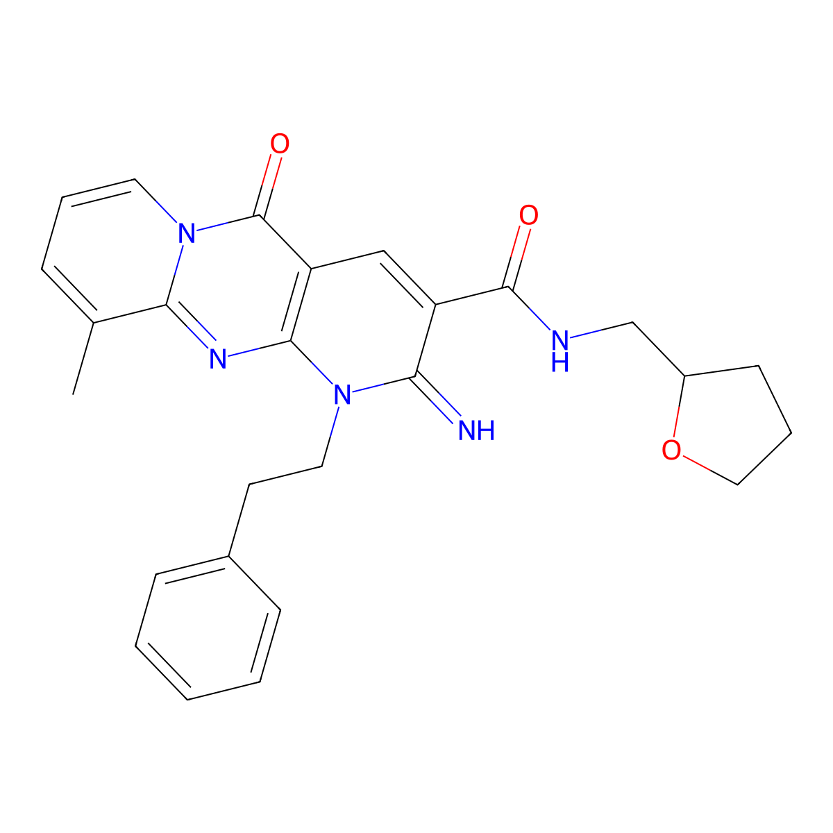 2-Imino-8-methyl-10-oxo-1-phenethyl-1,10-dihydro-2H-1,9,10a-triaza-anthracene-3-carboxylic acid (tetrahydro-furan-2-ylmethyl)-amide molecular structure, CAS 371232-38-1