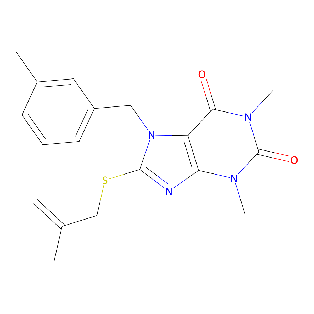 1,3-dimethyl-8-((2-methylallyl)thio)-7-(3-methylbenzyl)-1H-purine-2,6(3H,7H)-dione molecular structure, CAS 371232-95-0