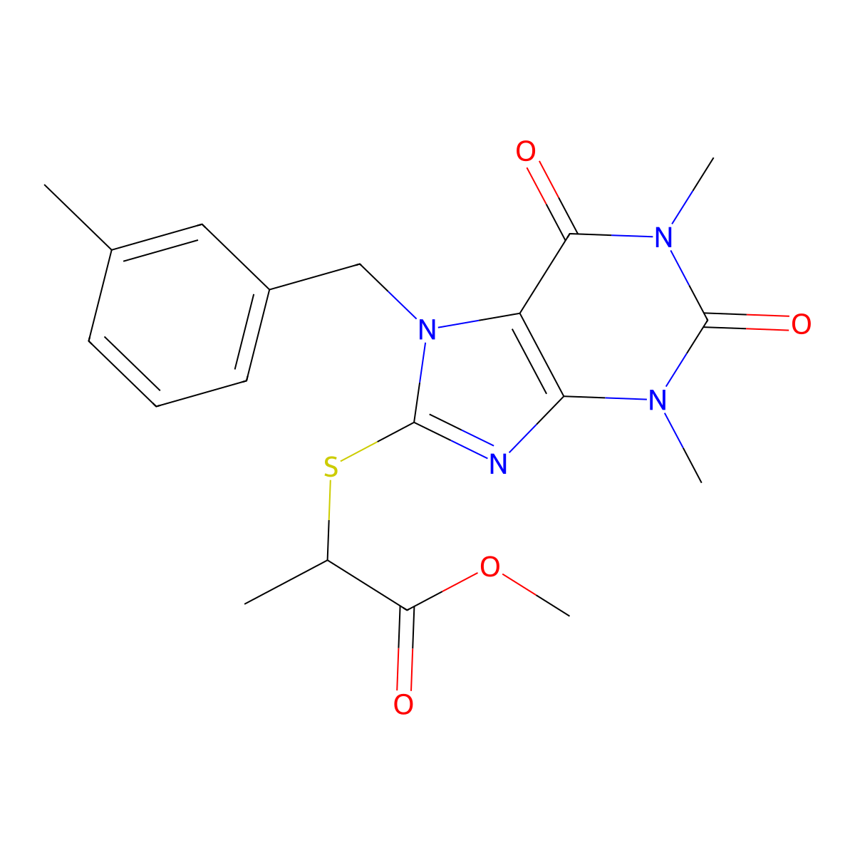 2-[1,3-Dimethyl-7-(3-methyl-benzyl)-2,6-dioxo-2,3,6,7-tetrahydro-1H-purin-8-ylsulfanyl]-propionic acid methyl ester molecular structure, CAS 371233-91-9