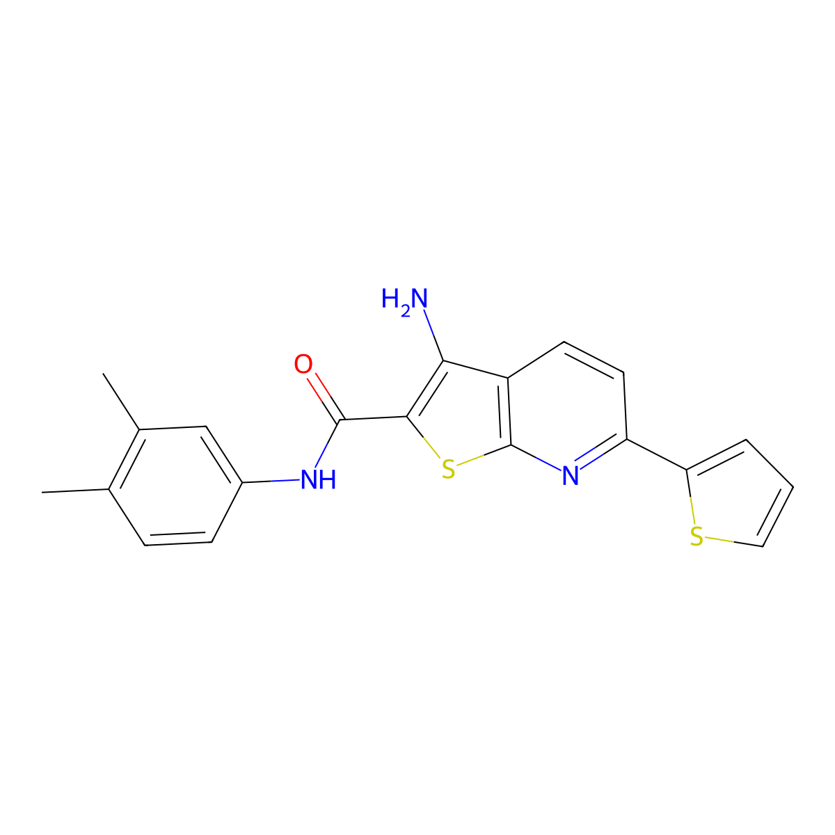 3-amino-N-(3,4-dimethylphenyl)-6-thiophen-2-ylthieno[2,3-b]pyridine-2-carboxamide molecular structure, CAS 371233-96-4