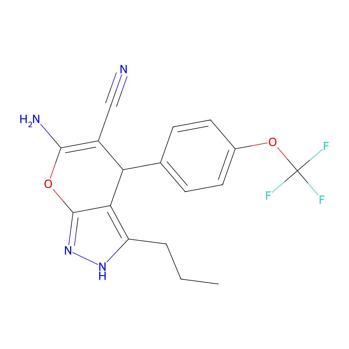 6-Amino-3-propyl-4-{4-[(trifluoromethyl)oxy]phenyl}-1,4-dihydropyrano[2,3-c]pyrazole-5-carbonitrile molecular structure, CAS 371234-49-0